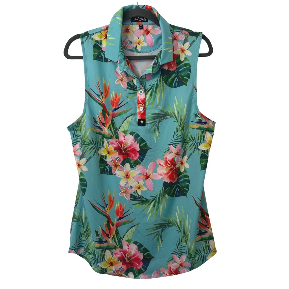 Bad Birdie Teal Tropical Floral Sleeveless Polo